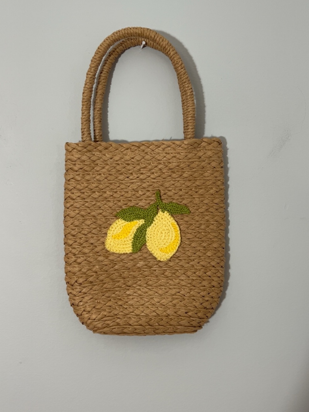 Handwoven Lemon Appliqué Straw MINI Tote Bag - Natural